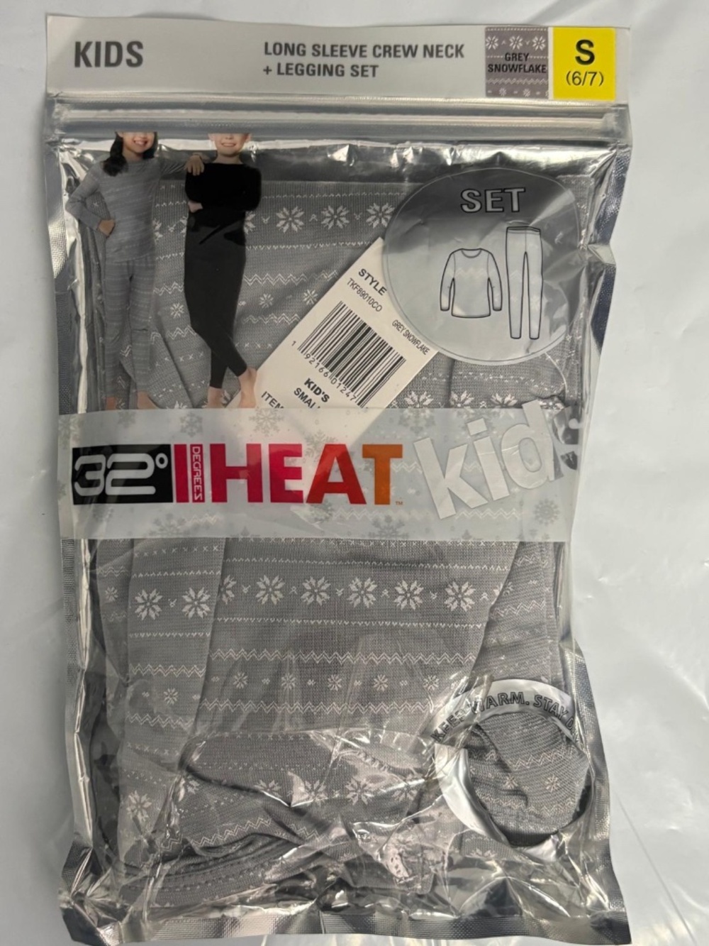 32 DEGREES Kid's Heat Base Layer Set ‘frozen snowflakes’ white & grey S 6/7 NWT